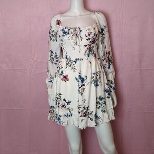 Urban Outfitters White Floral Long Sleeve Smocked Waist Ruffle Hem Mini Dress S